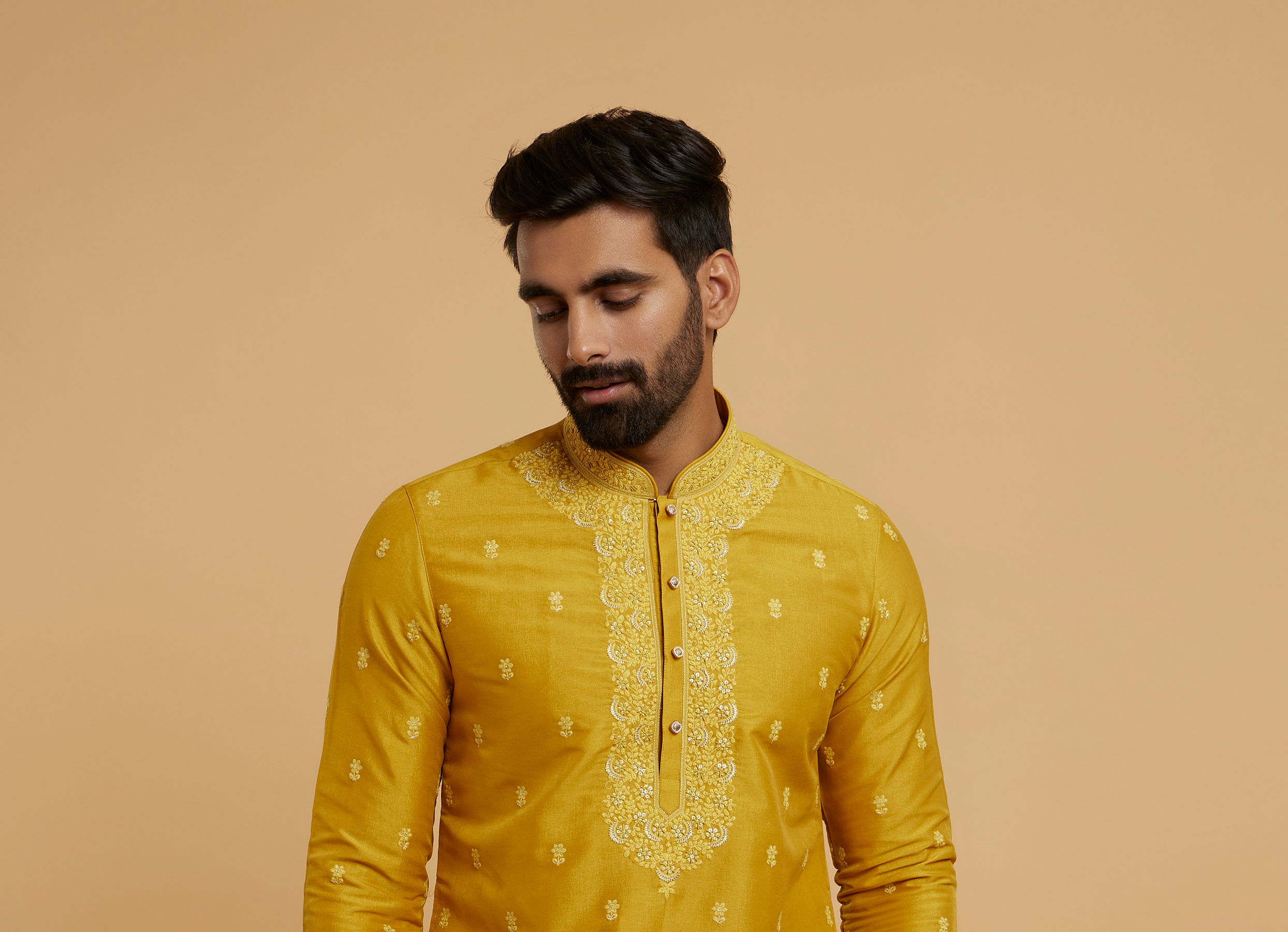 Twamev Men Mustard Georgette Embroidered Kurta Set