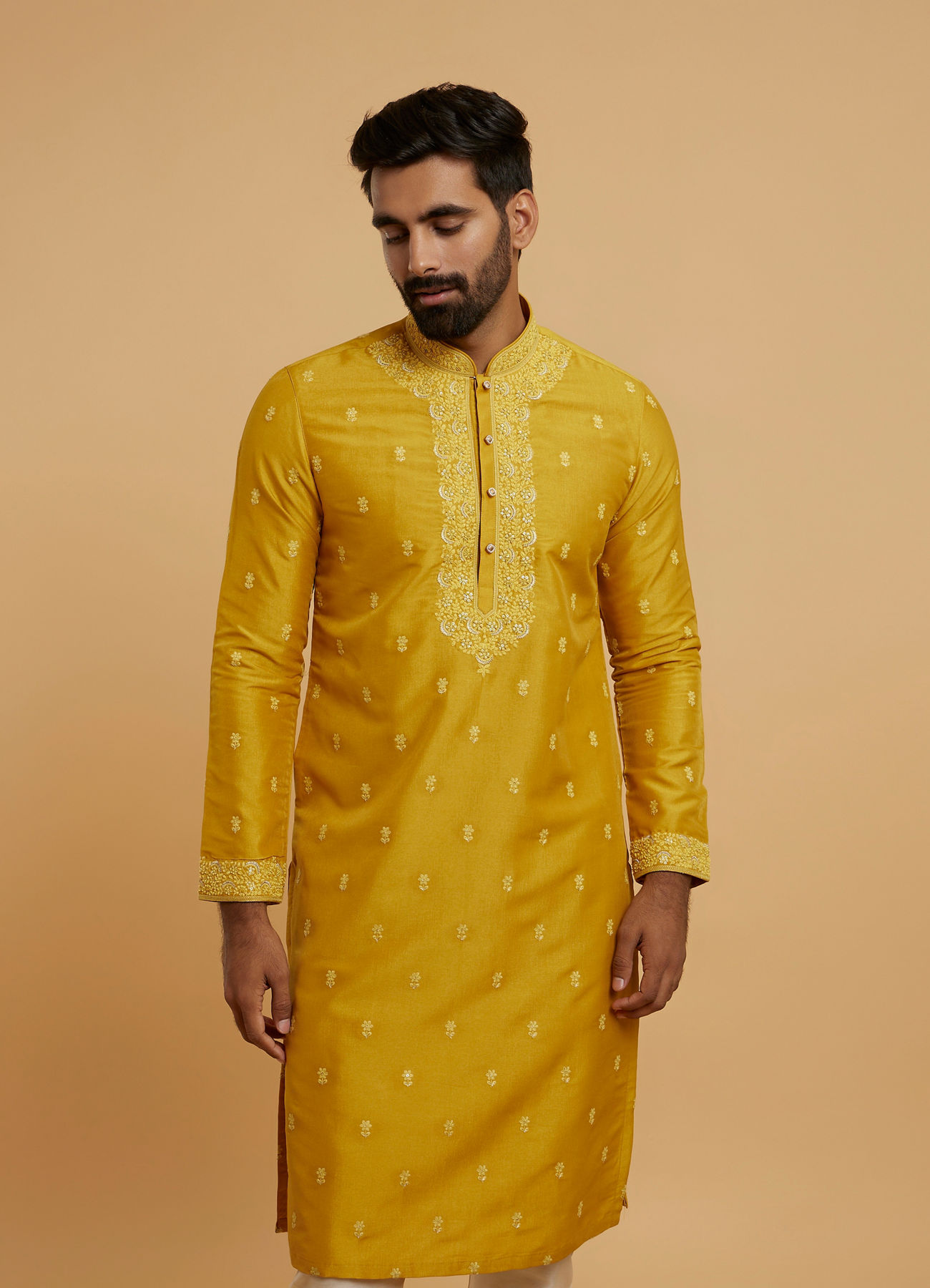 Twamev Men Mustard Georgette Embroidered Kurta Set