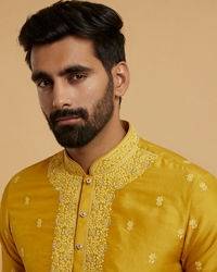Twamev Men Mustard Georgette Embroidered Kurta Set