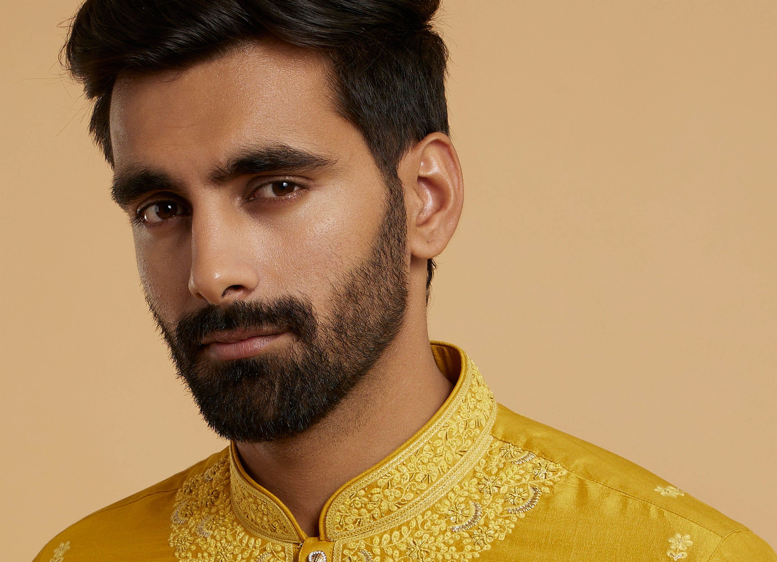 Twamev Men Mustard Georgette Embroidered Kurta Set
