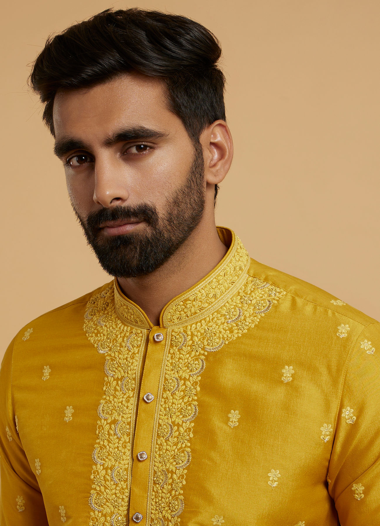 Twamev Men Mustard Georgette Embroidered Kurta Set