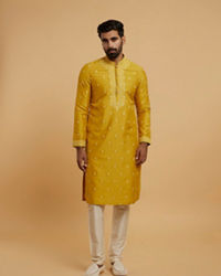 Twamev Men Mustard Georgette Embroidered Kurta Set