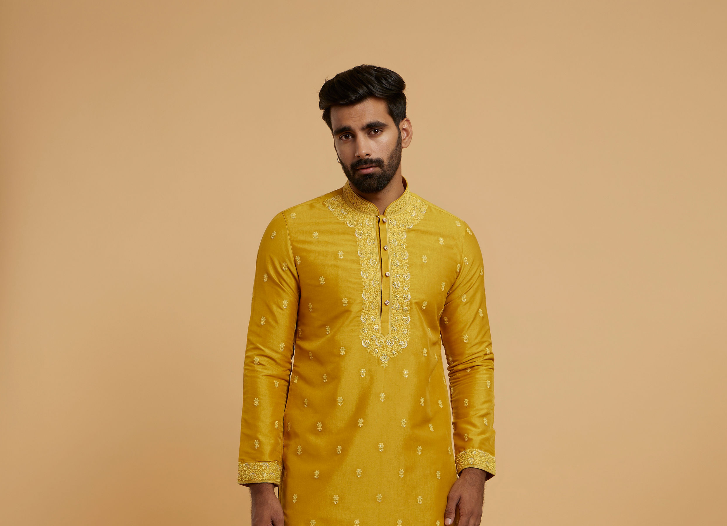 Twamev Men Mustard Georgette Embroidered Kurta Set