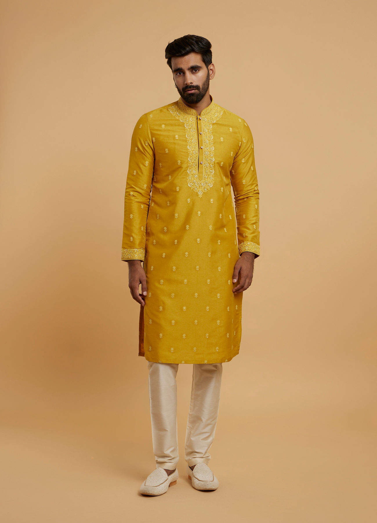 Twamev Men Mustard Georgette Embroidered Kurta Set