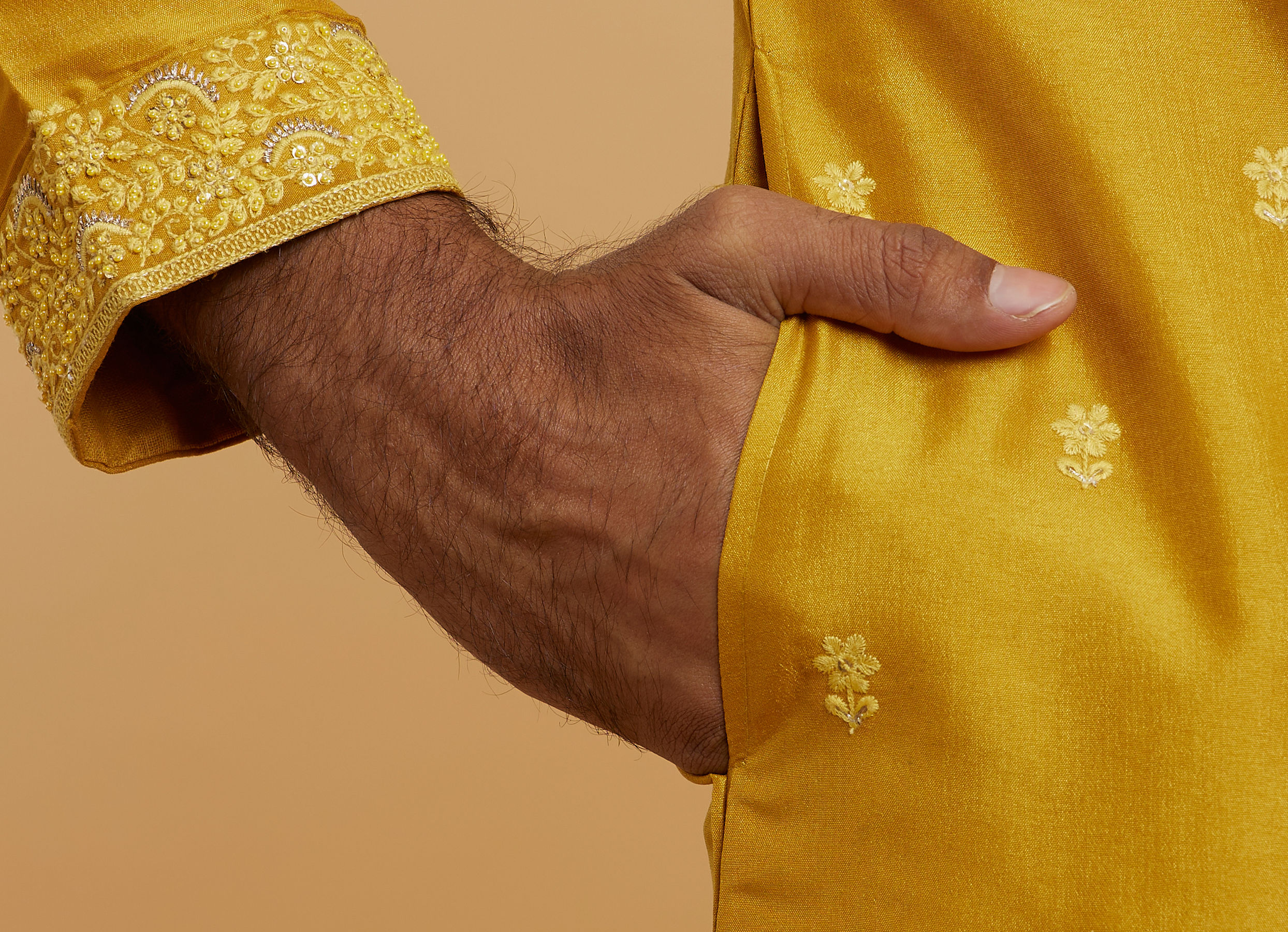 Twamev Men Mustard Georgette Embroidered Kurta Set