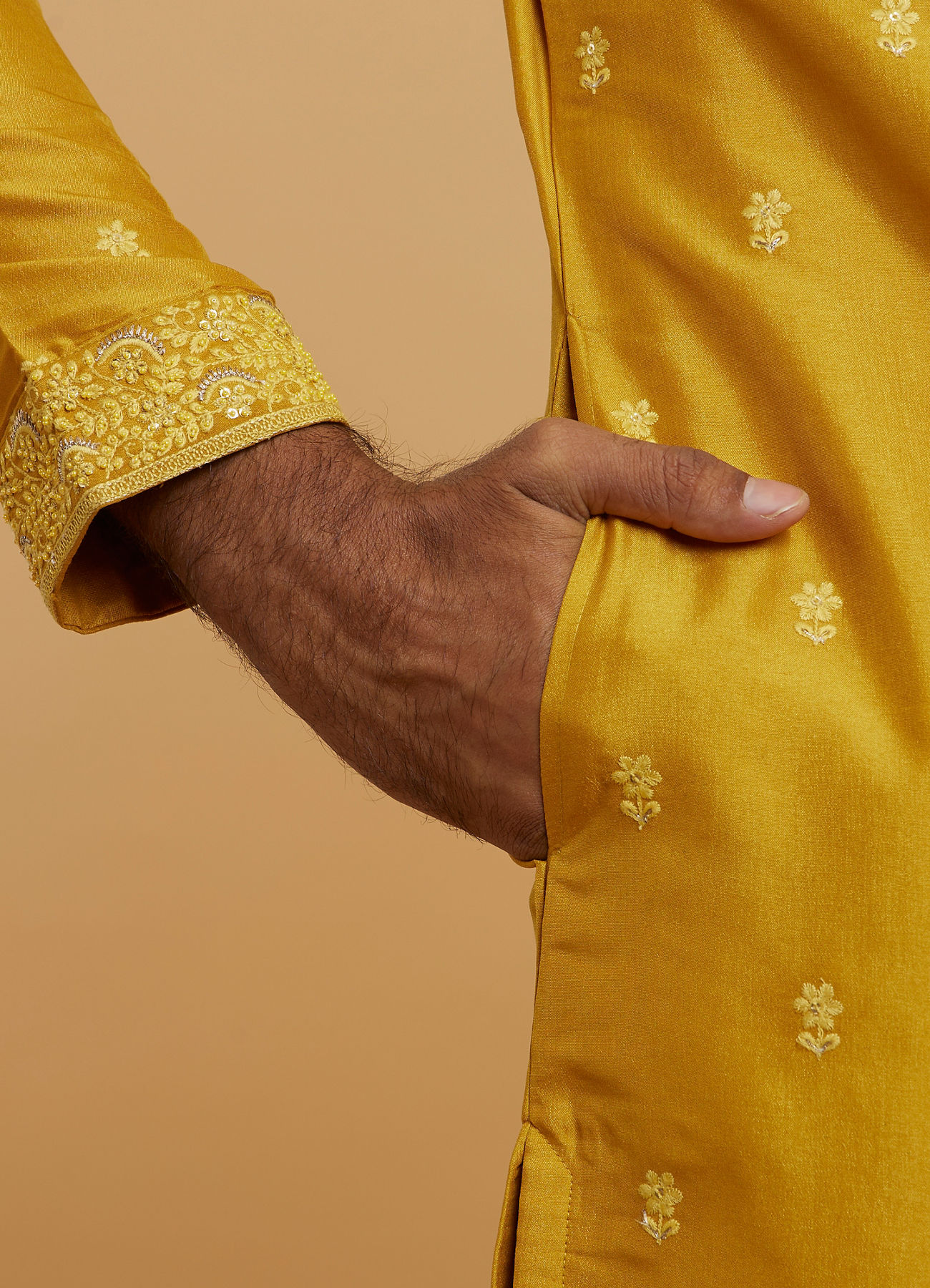 Twamev Men Mustard Georgette Embroidered Kurta Set