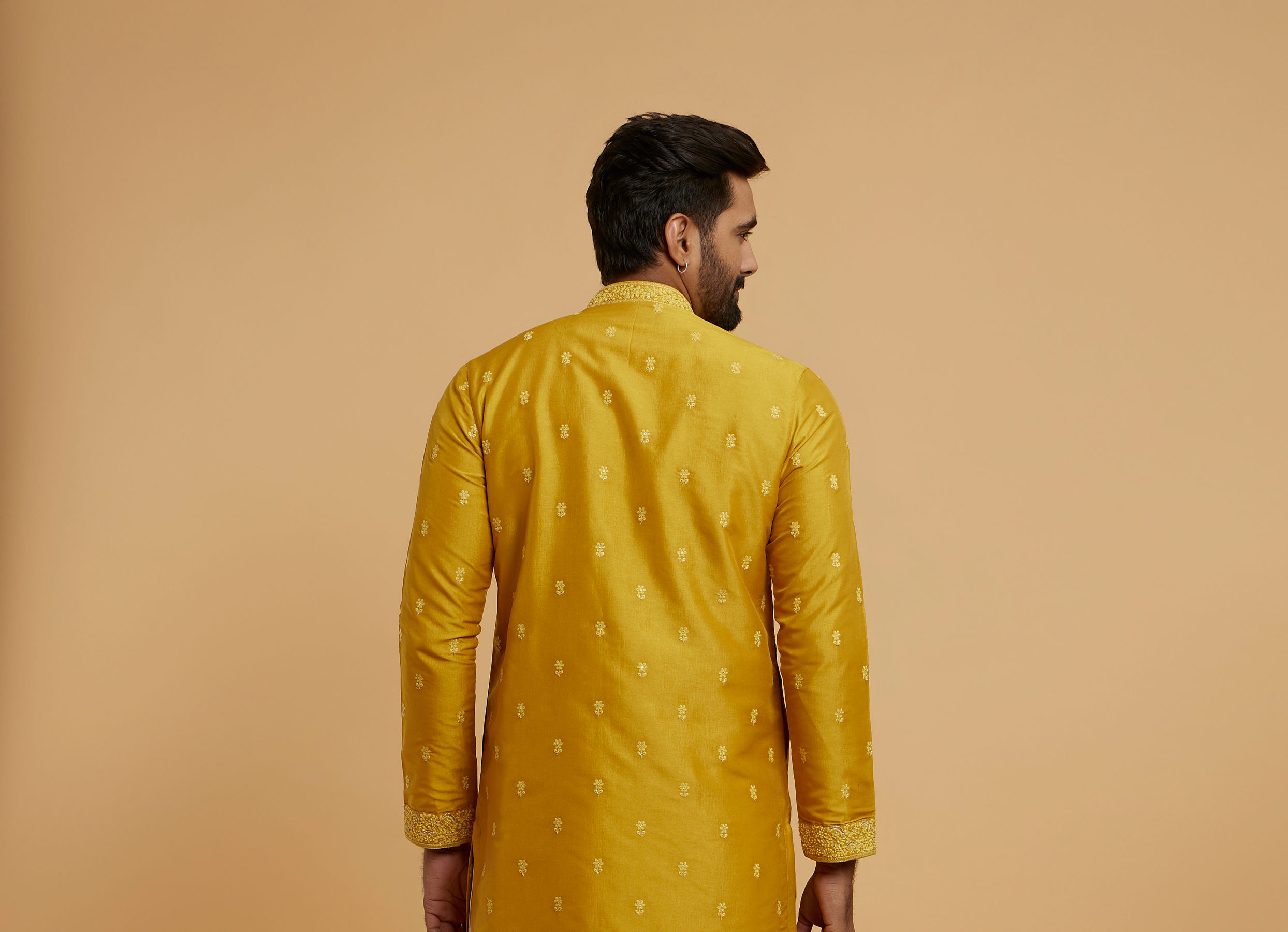 Twamev Men Mustard Georgette Embroidered Kurta Set