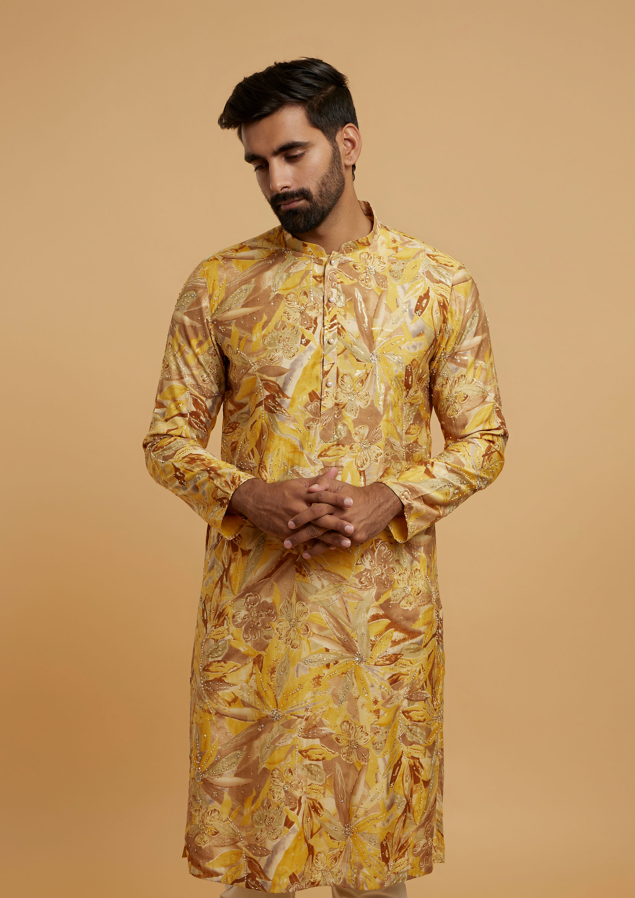 Twamev Men Mustard Hue Kurta Pajama Ensemble