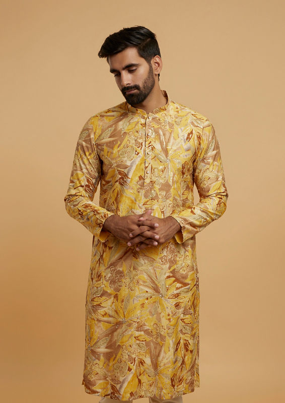 Twamev Men Mustard Hue Kurta Pajama Ensemble