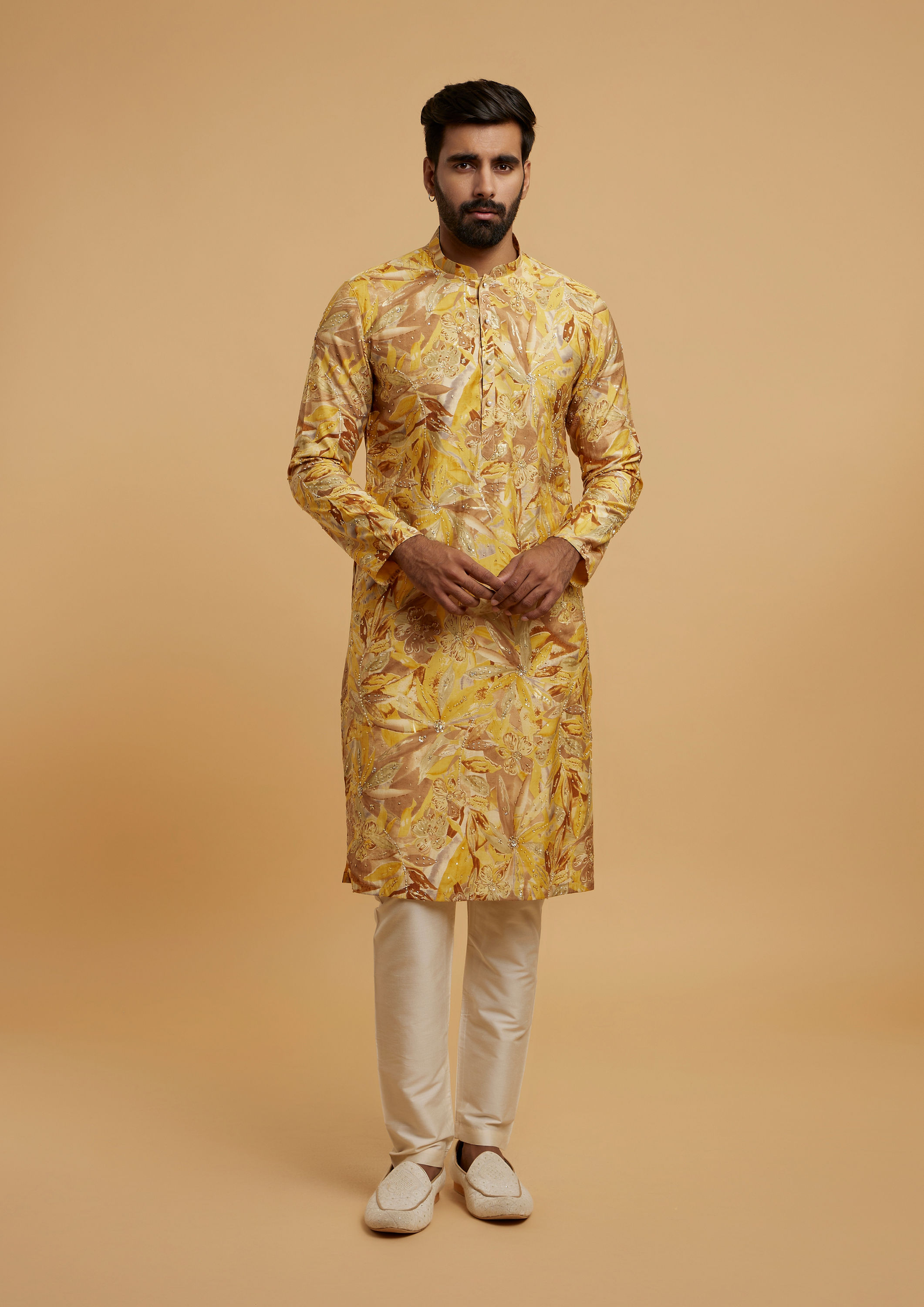 Twamev Men Mustard Hue Kurta Pajama Ensemble
