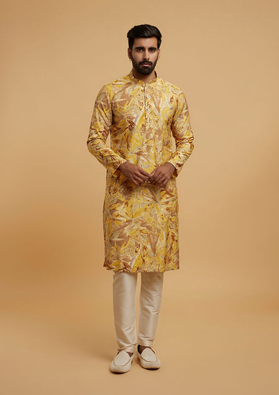 Twamev Men Mustard Hue Kurta Pajama Ensemble