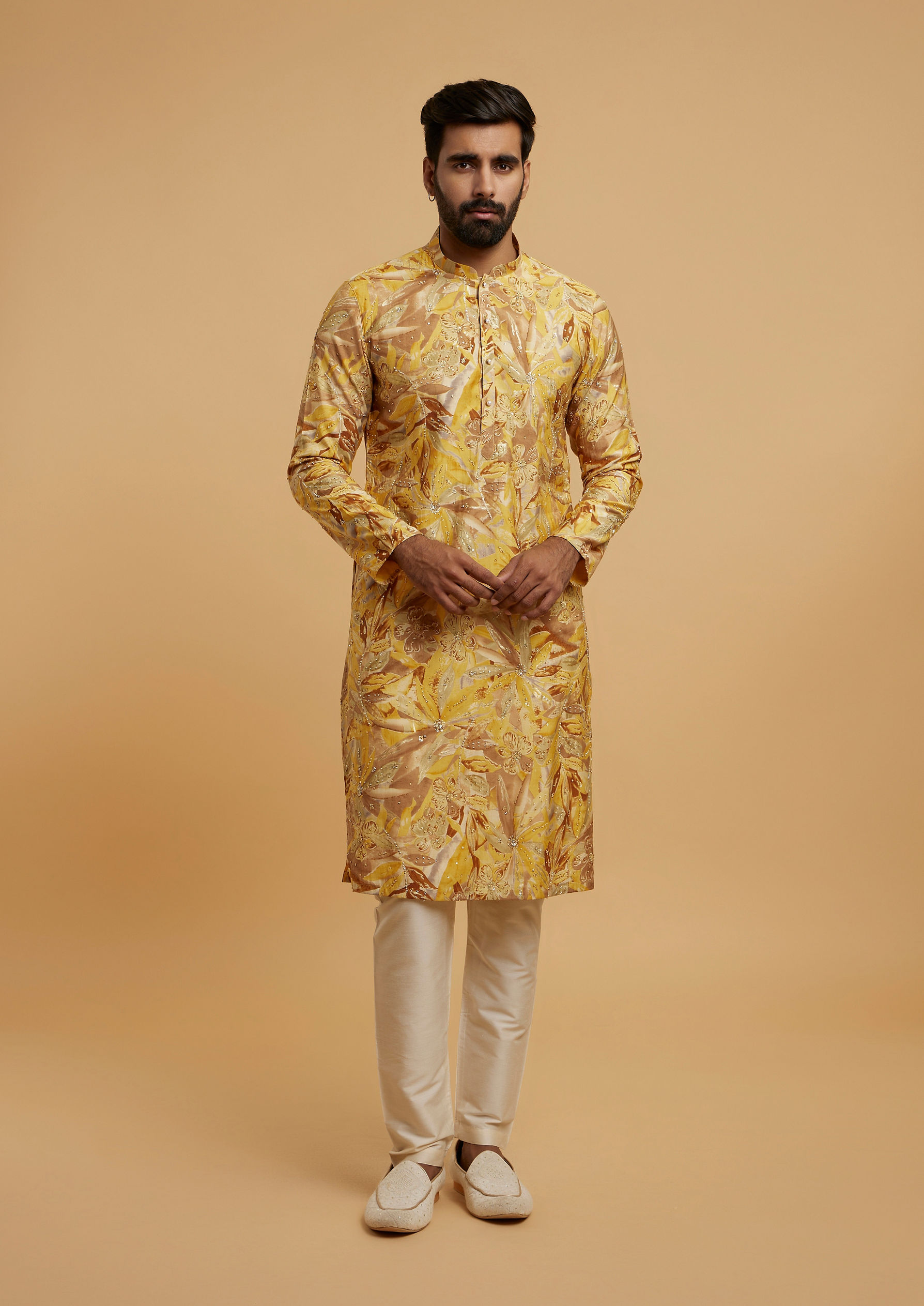 Twamev Men Mustard Hue Kurta Pajama Ensemble