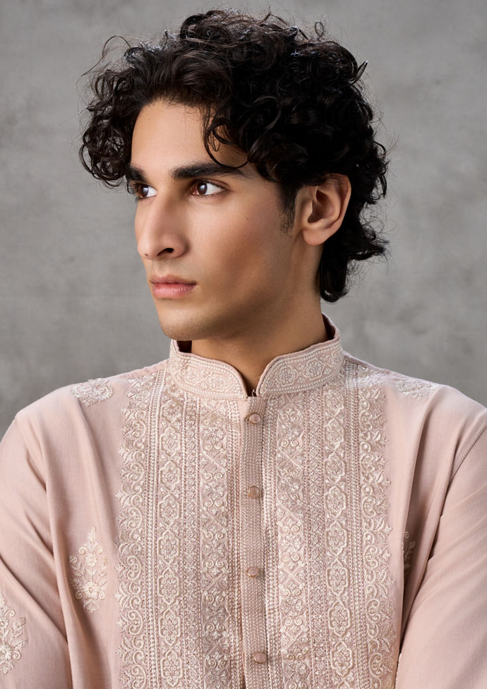 Twamev Men Dusty Pink Silk Tonal Embroidered Kurta Set