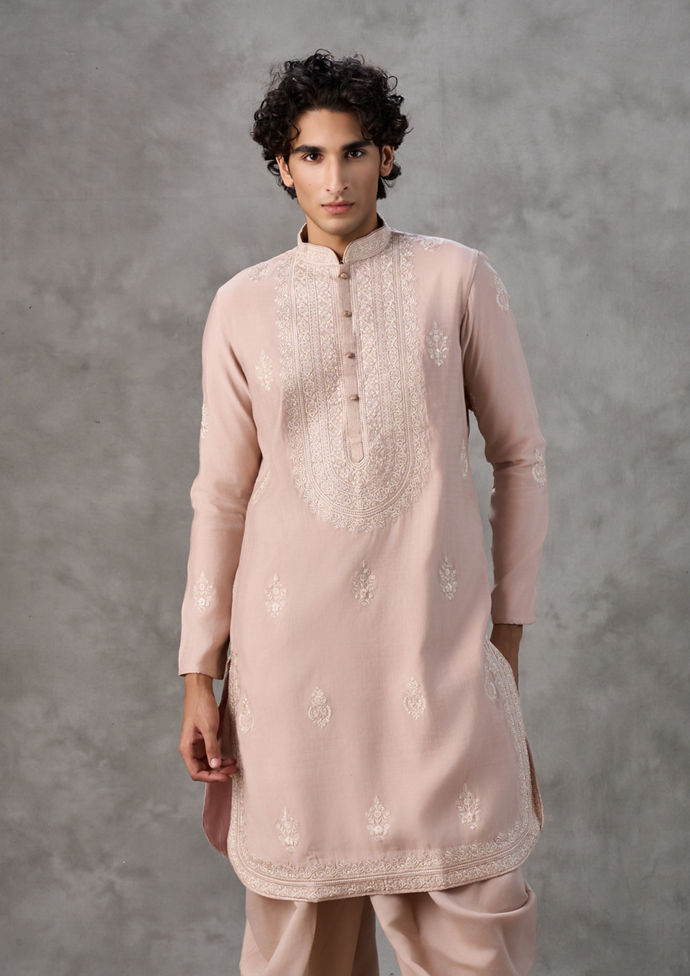 Twamev Men Dusty Pink Silk Tonal Embroidered Kurta Set