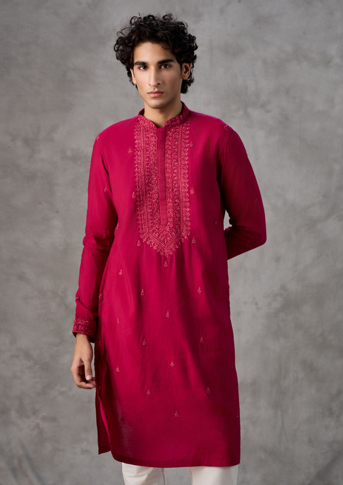 Twamev Men Rani Pink Silk Artisan Embroidered Kurta Set