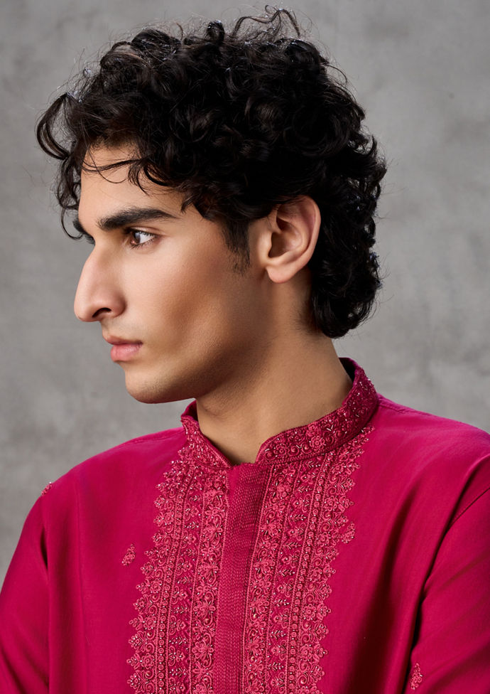 Twamev Men Rani Pink Silk Artisan Embroidered Kurta Set