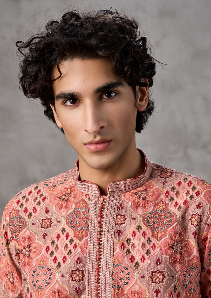 Twamev Men Peach Silk Geometric Jaal Print Kurta Set