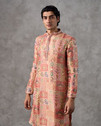 Twamev Men Peach Silk Patchwork Heritage Print Kurta Set