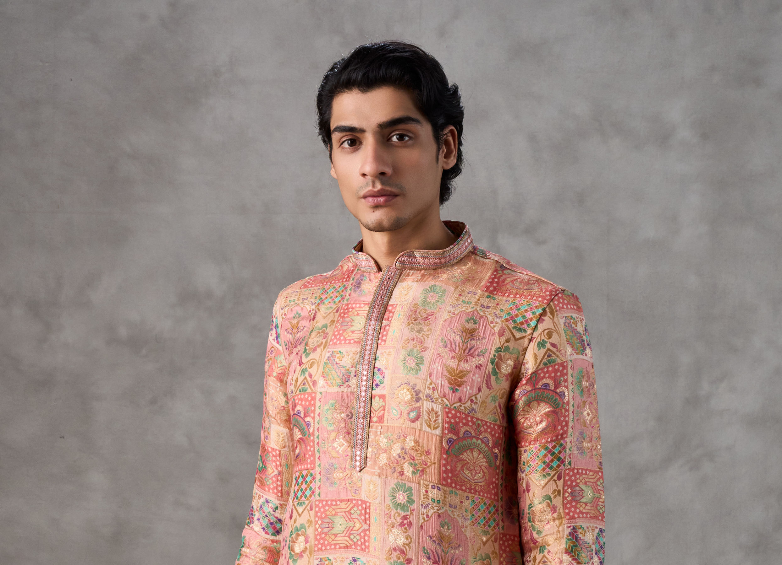 Twamev Men Peach Silk Patchwork Heritage Print Kurta Set