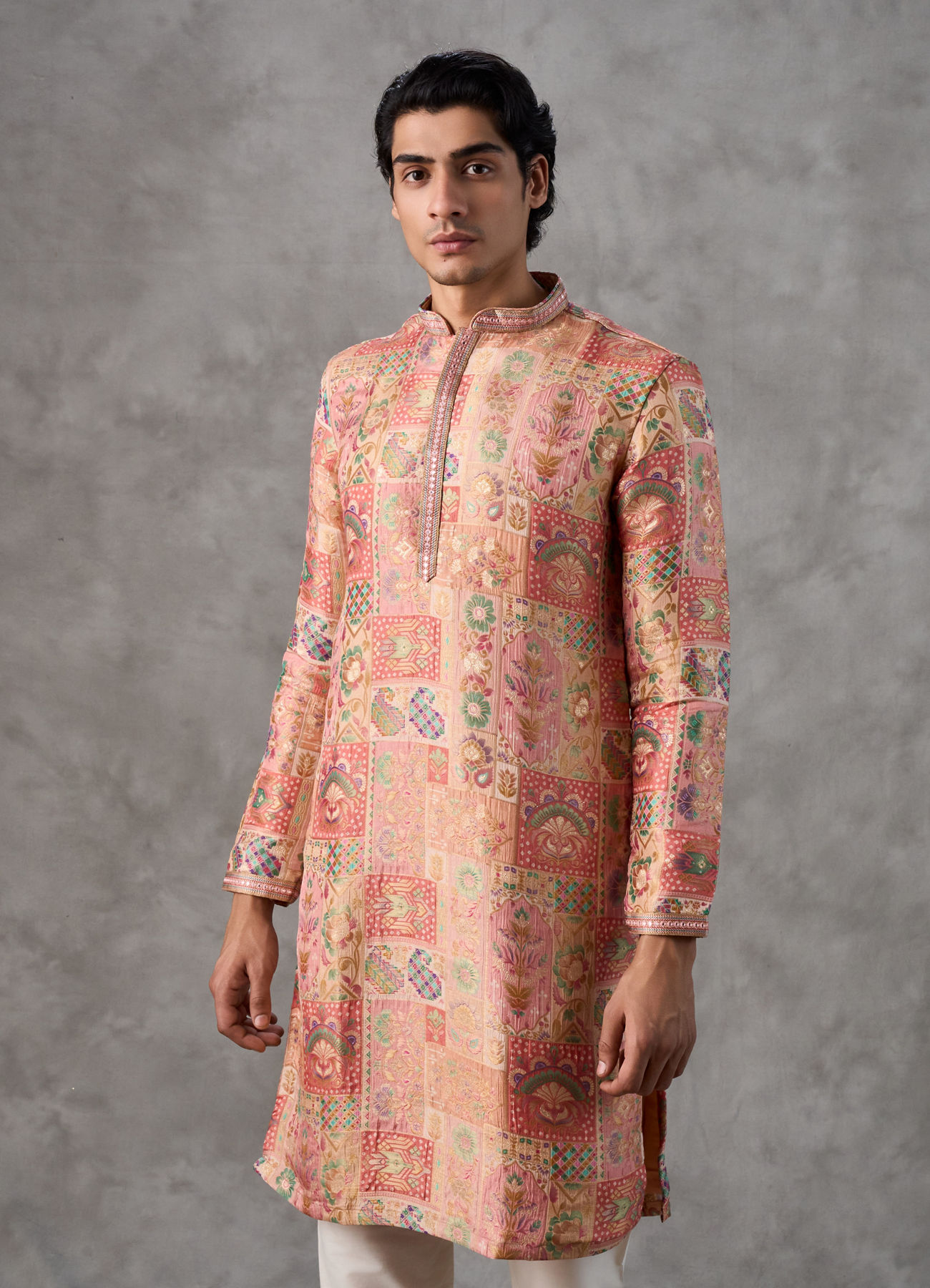 Twamev Men Peach Silk Patchwork Heritage Print Kurta Set