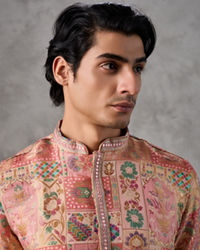 Twamev Men Peach Silk Patchwork Heritage Print Kurta Set