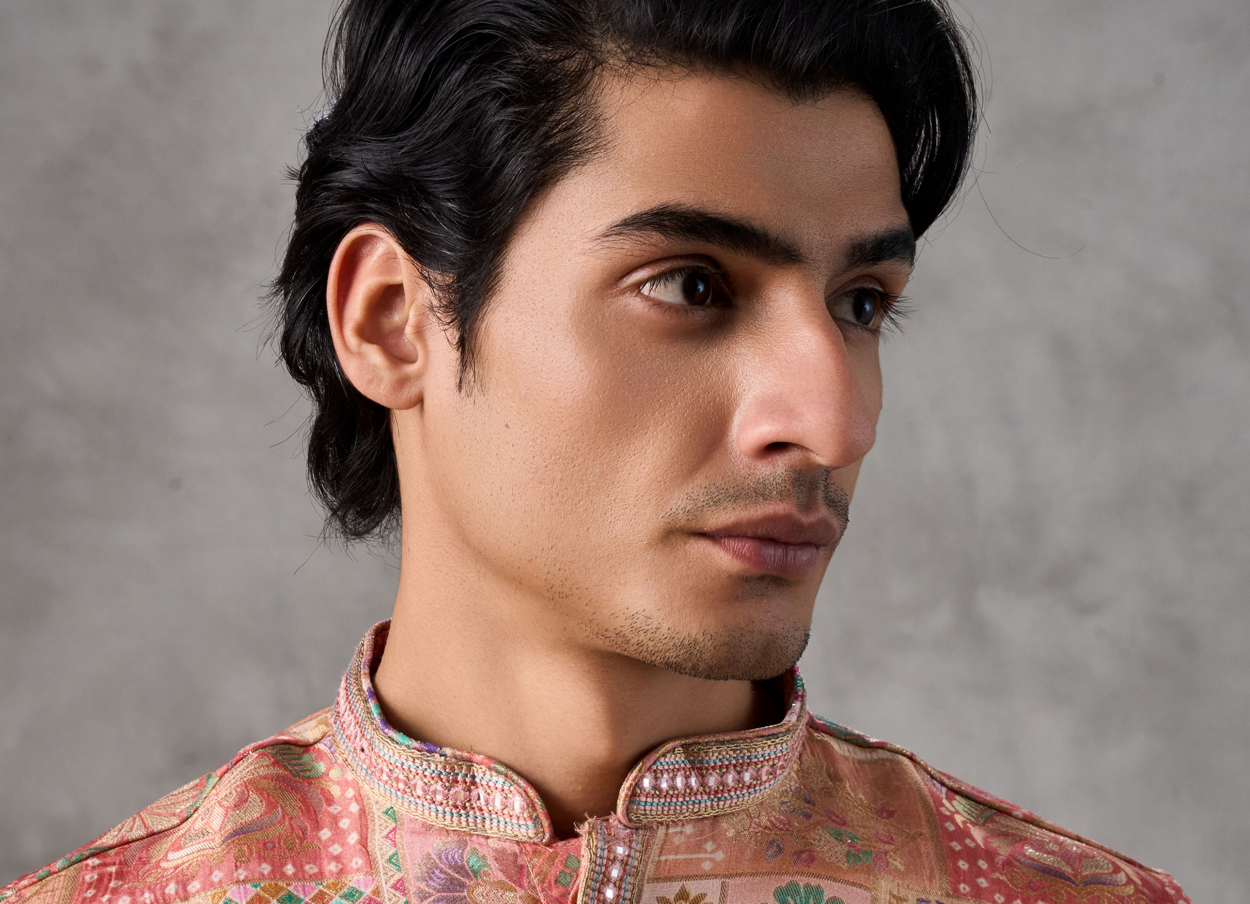 Twamev Men Peach Silk Patchwork Heritage Print Kurta Set