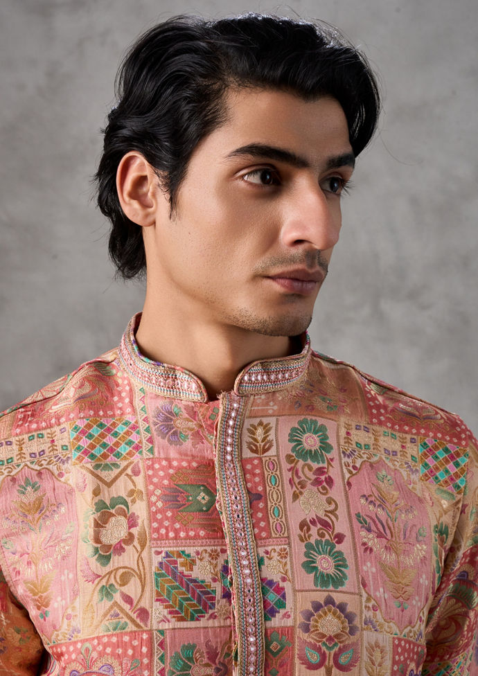 Twamev Men Peachy Print Kurta Pajama Set