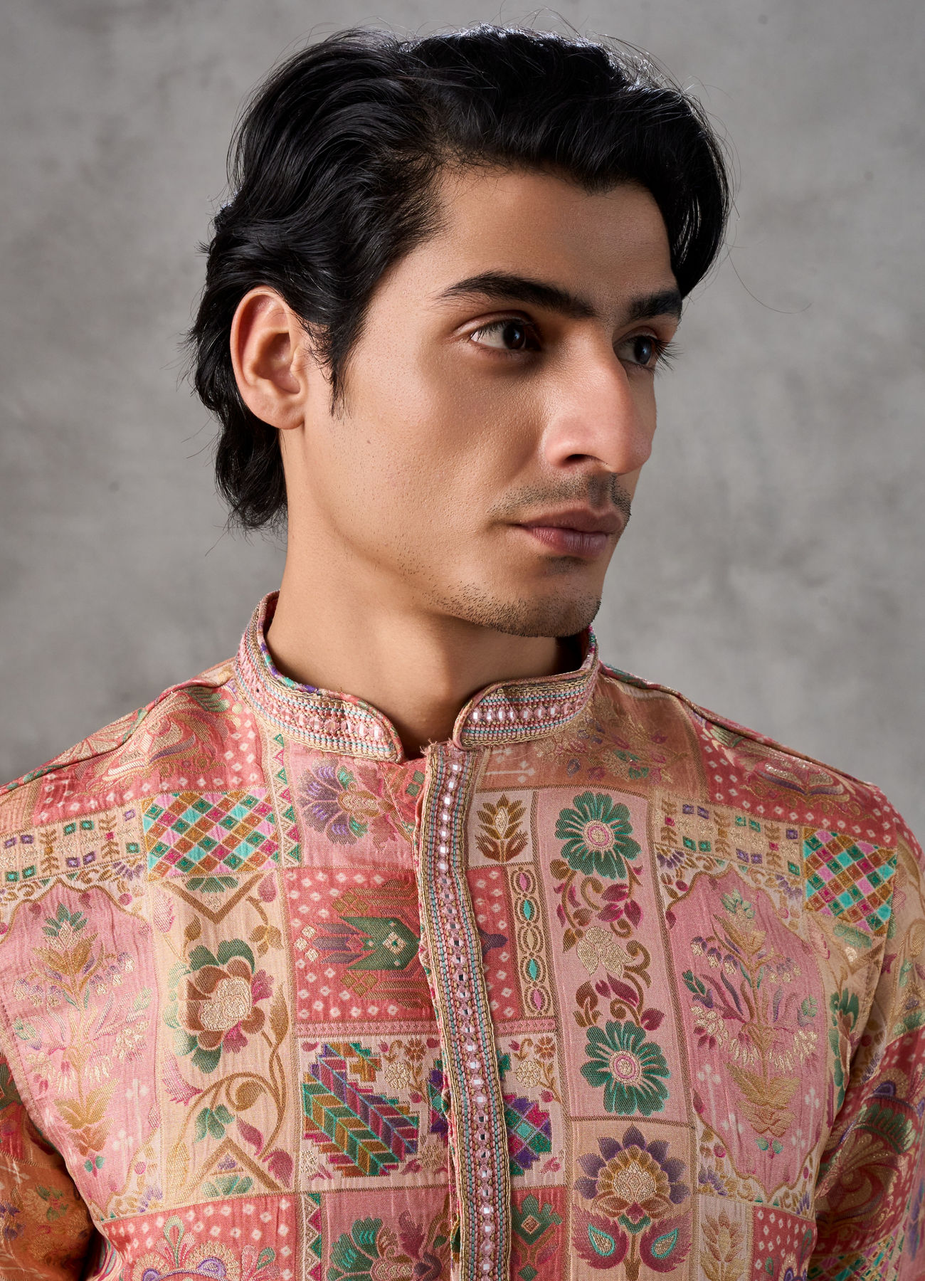 Twamev Men Peach Silk Patchwork Heritage Print Kurta Set