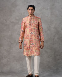 Twamev Men Peach Silk Patchwork Heritage Print Kurta Set
