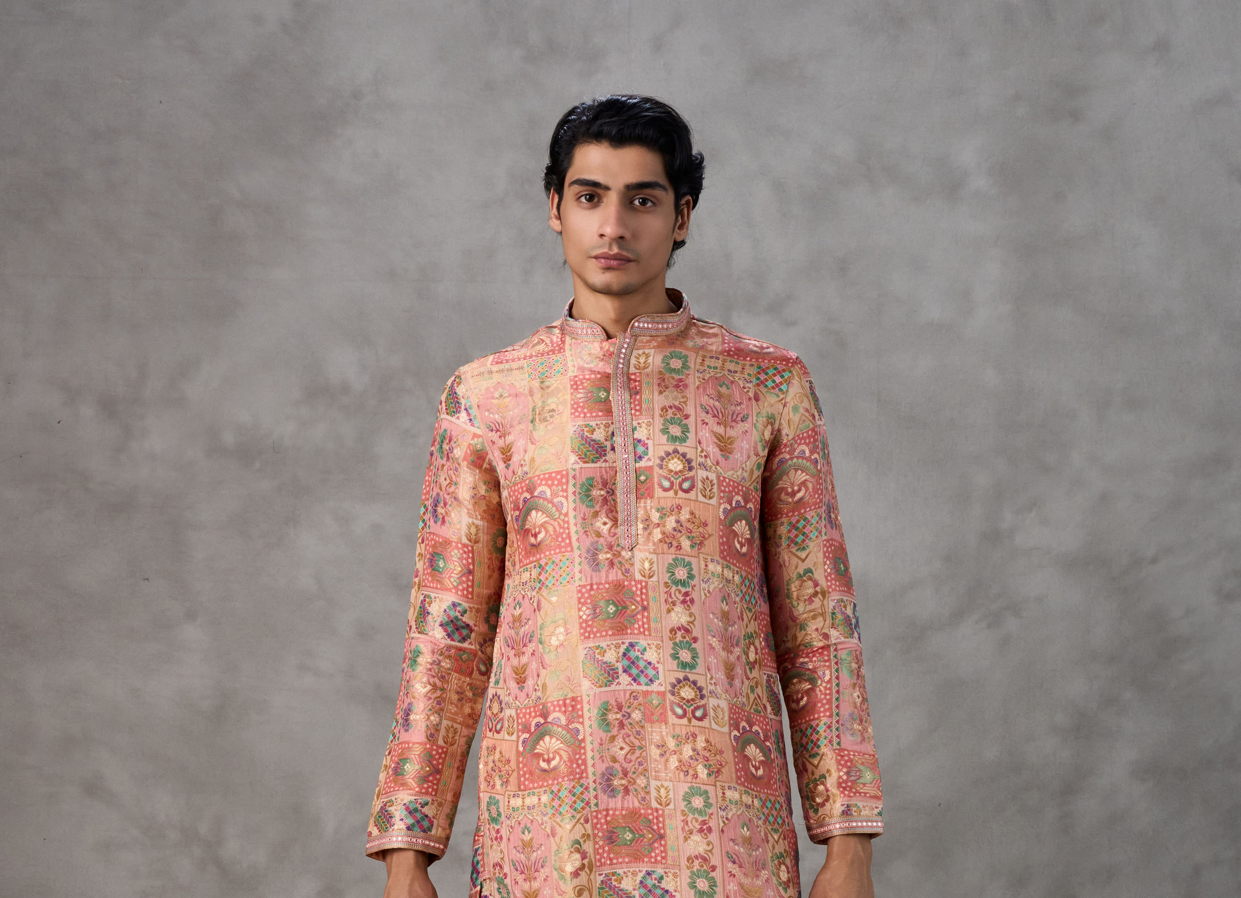 Twamev Men Peach Silk Patchwork Heritage Print Kurta Set