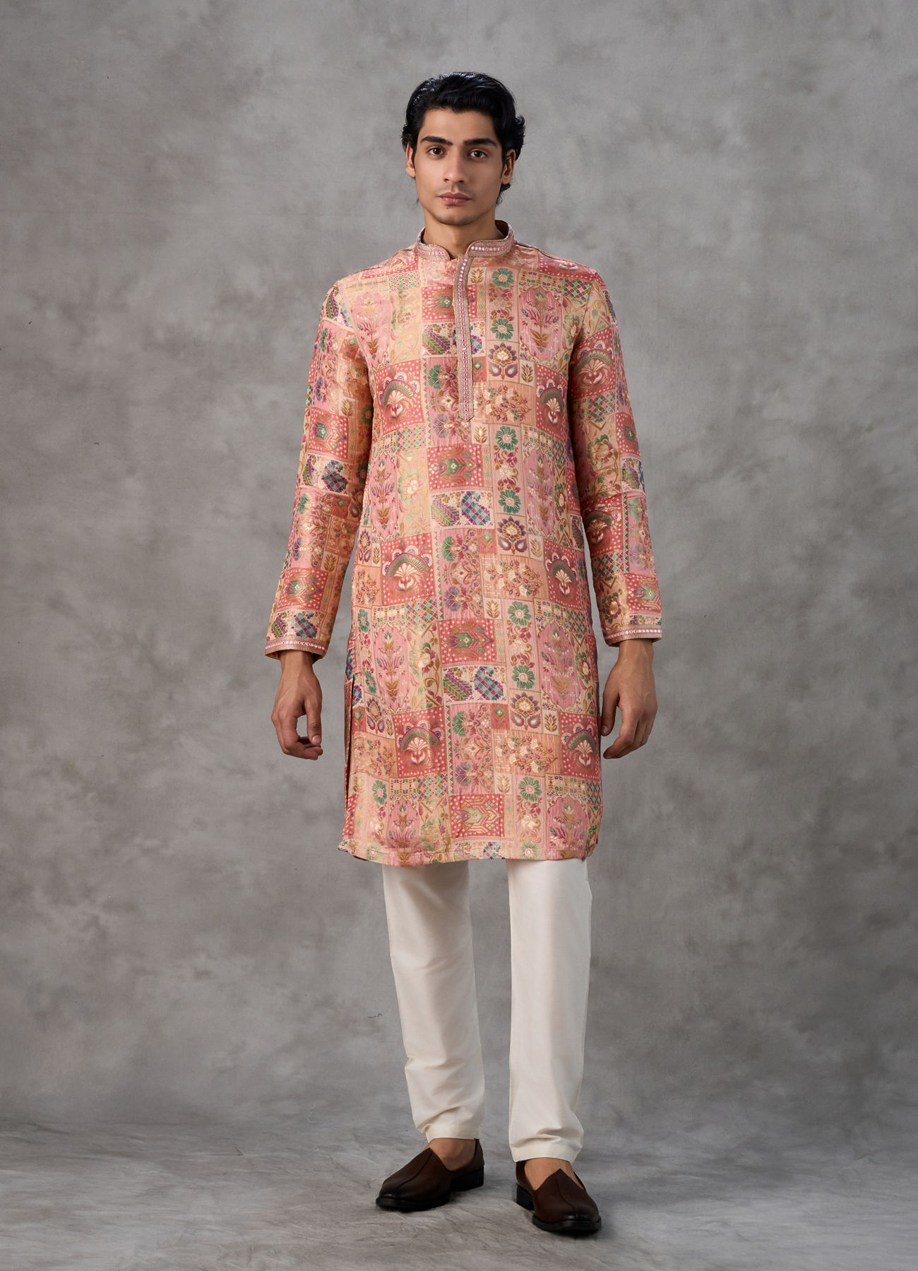 Twamev Men Peach Silk Patchwork Heritage Print Kurta Set