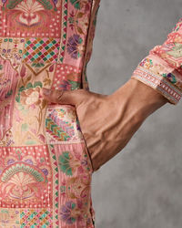Twamev Men Peach Silk Patchwork Heritage Print Kurta Set