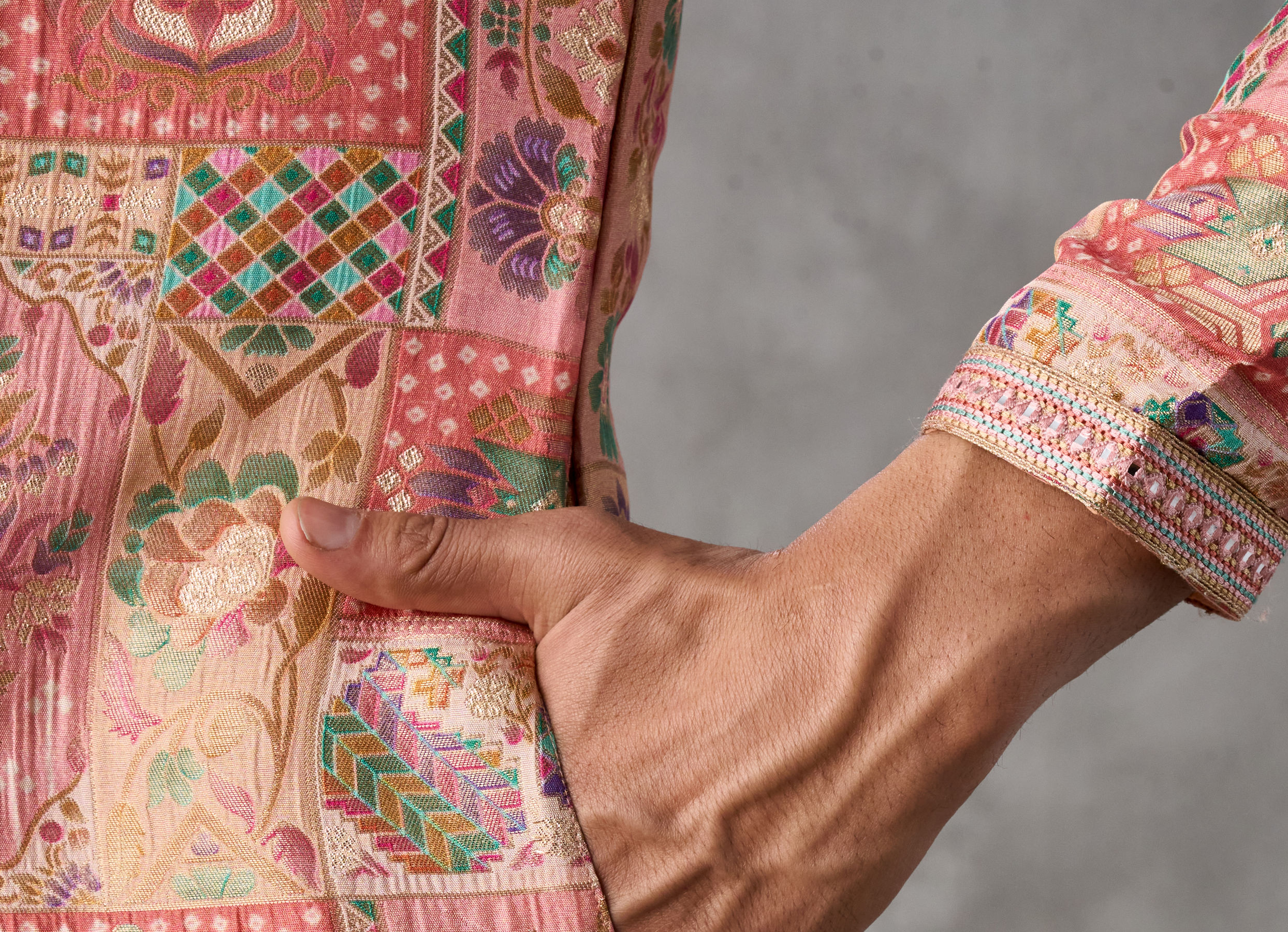 Twamev Men Peach Silk Patchwork Heritage Print Kurta Set