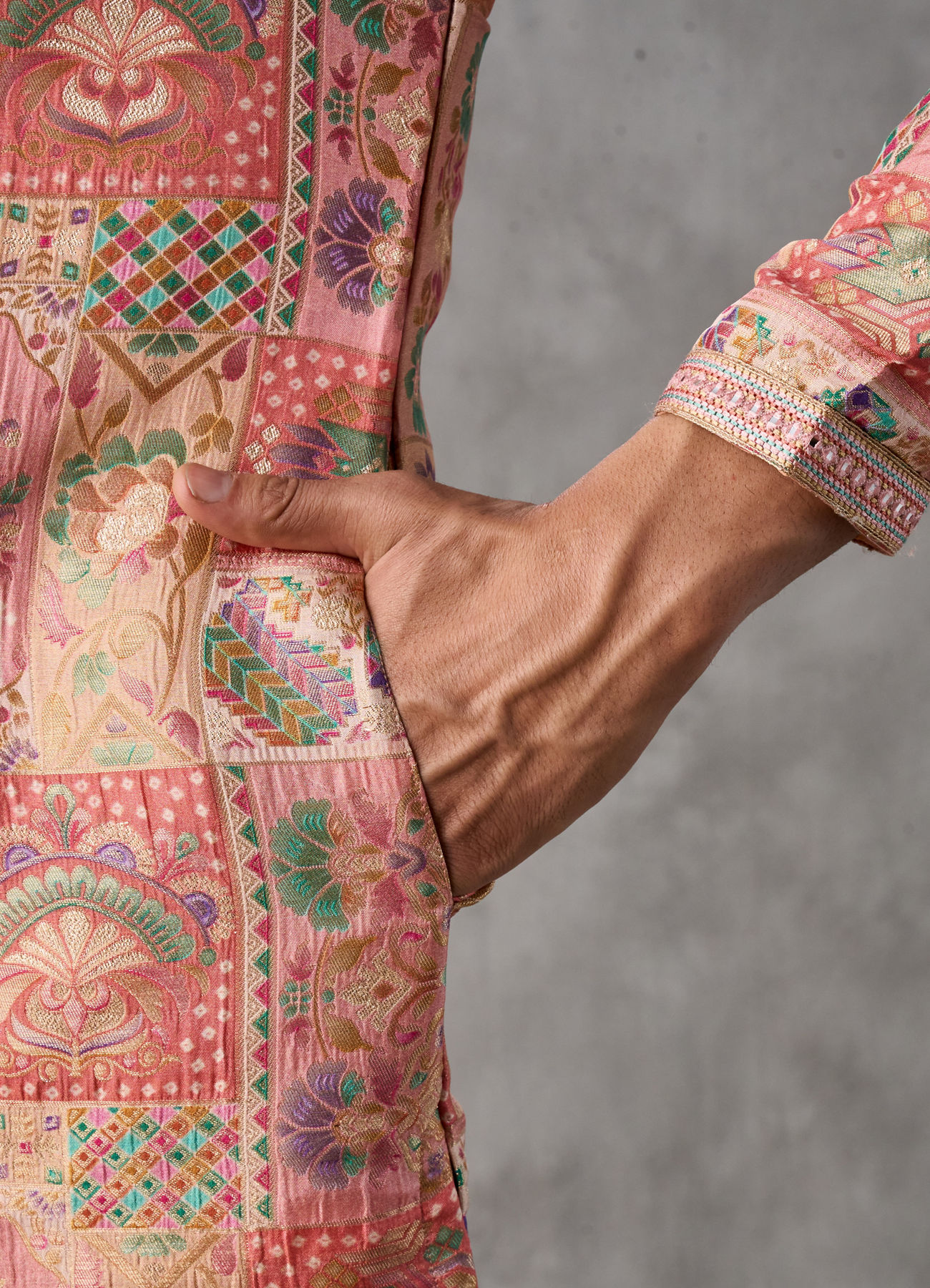 Twamev Men Peach Silk Patchwork Heritage Print Kurta Set