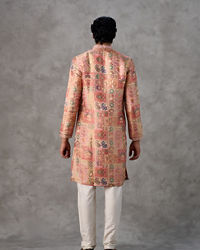 Twamev Men Peach Silk Patchwork Heritage Print Kurta Set