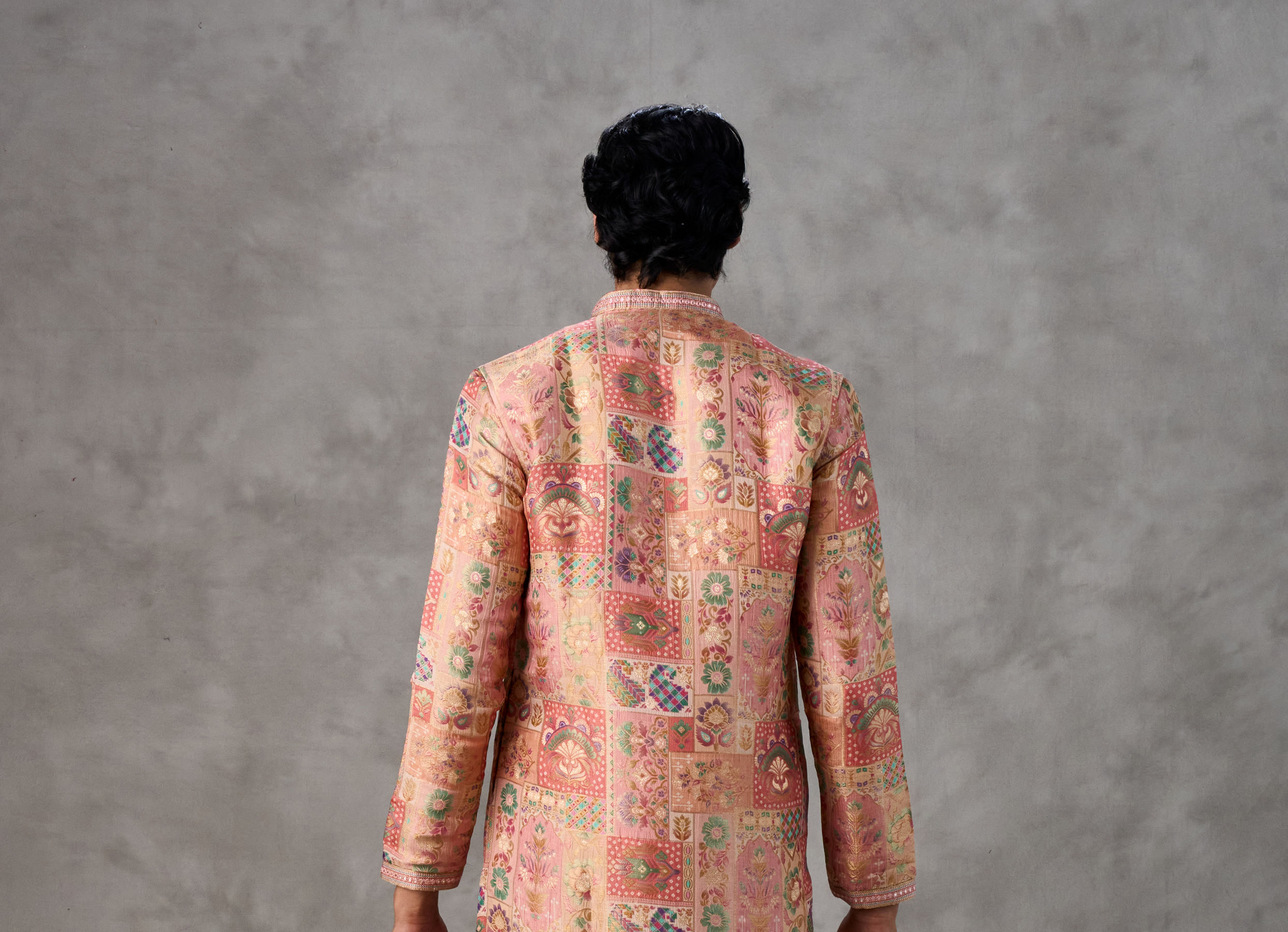 Twamev Men Peach Silk Patchwork Heritage Print Kurta Set