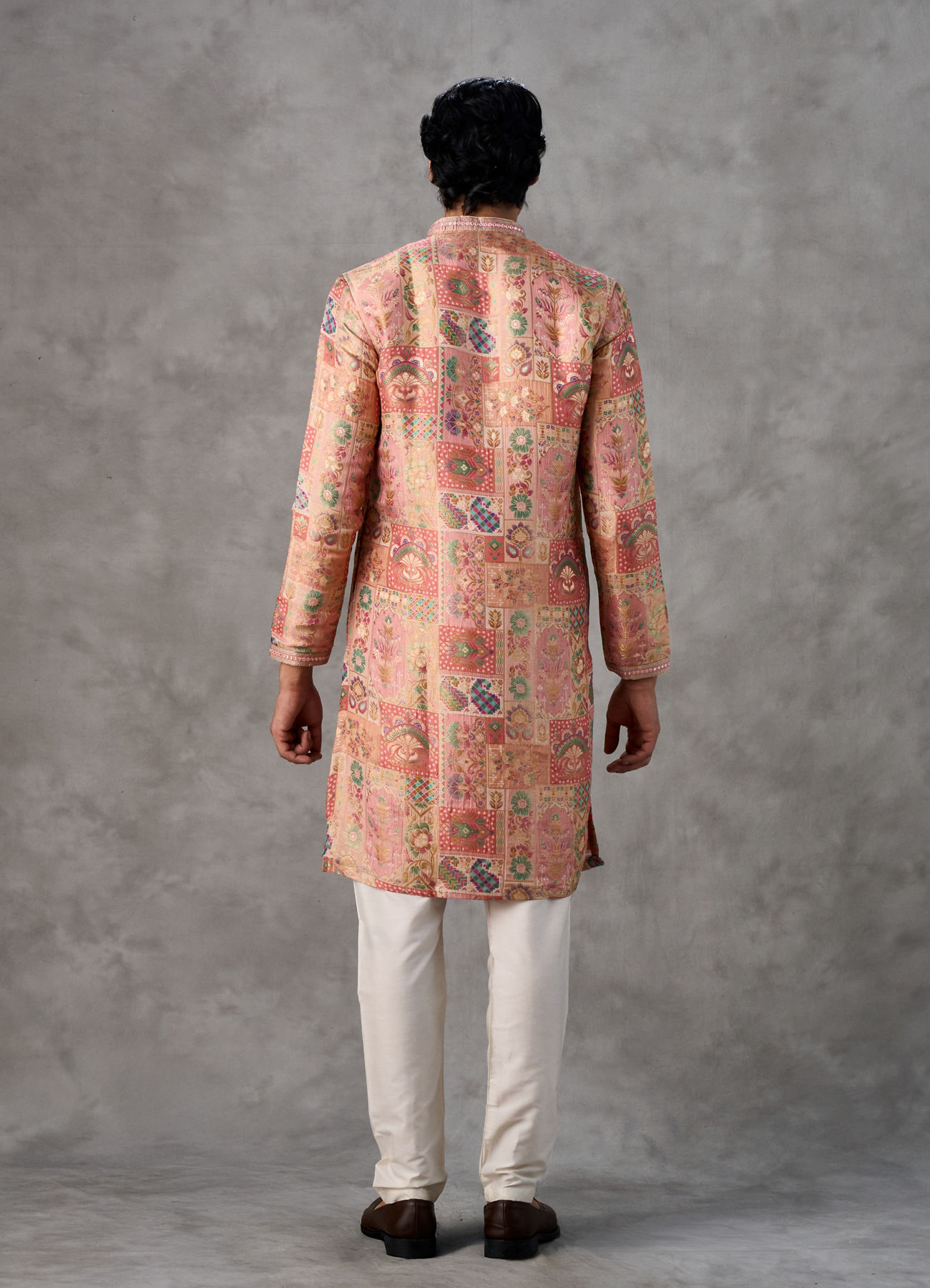 Twamev Men Peach Silk Patchwork Heritage Print Kurta Set