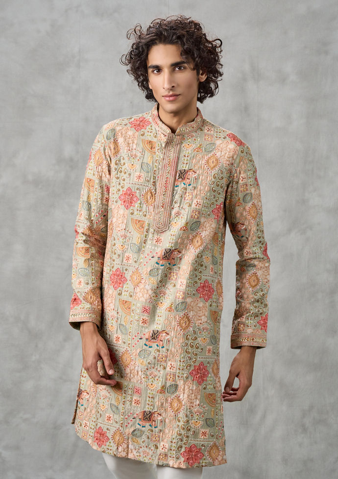 Twamev Men Pista Green Silk Embroidered Kurta Set