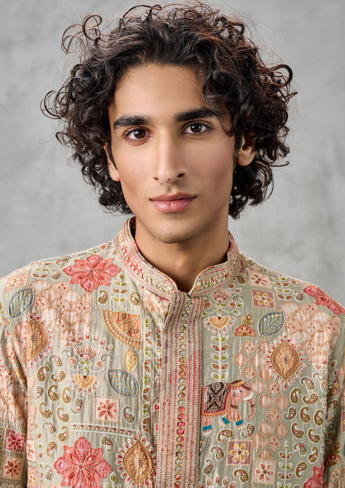 Twamev Men Pista Green Silk Embroidered Kurta Set