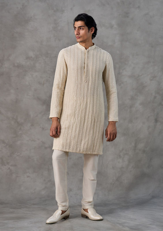 Twamev Men Cream Silk Textured Kurta Set
