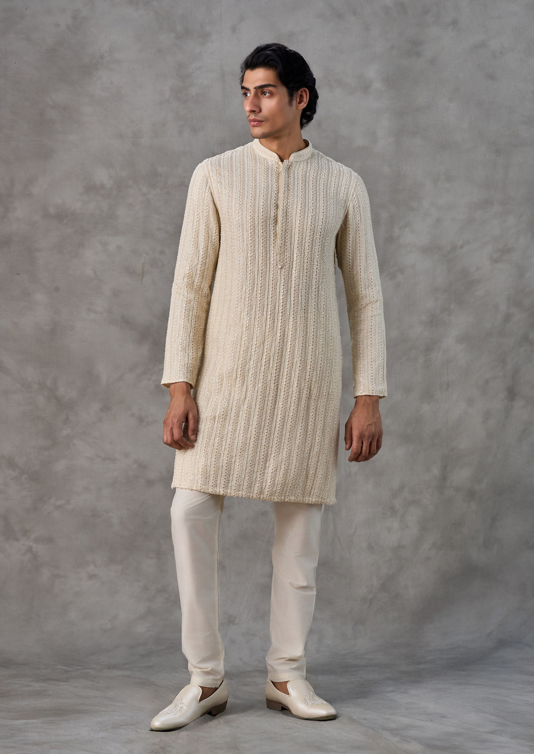 Twamev Men Cream Silk Textured Kurta Set