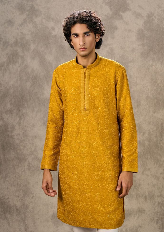 Twamev Men Mustard Silk Resham Embroidered Kurta Set