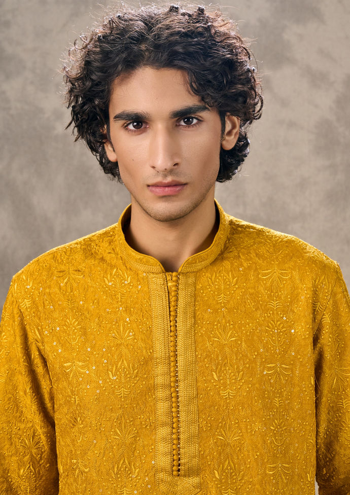 Twamev Men Mustard Silk Resham Embroidered Kurta Set