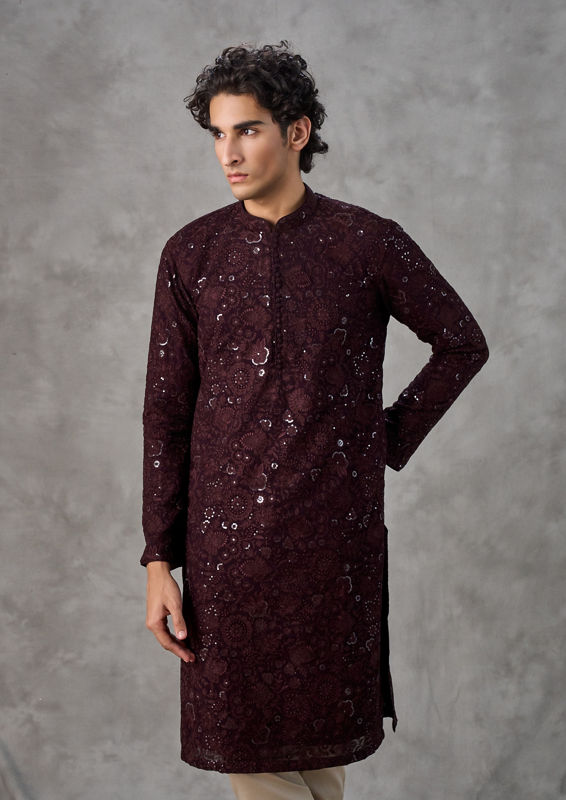 Twamev Men Wine Georgette Monochrome Resham Embroidered Kurta Set