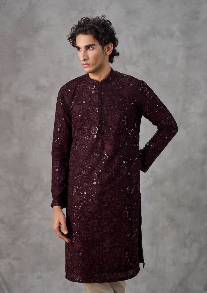Twamev Men Wine Georgette Monochrome Resham Embroidered Kurta Set