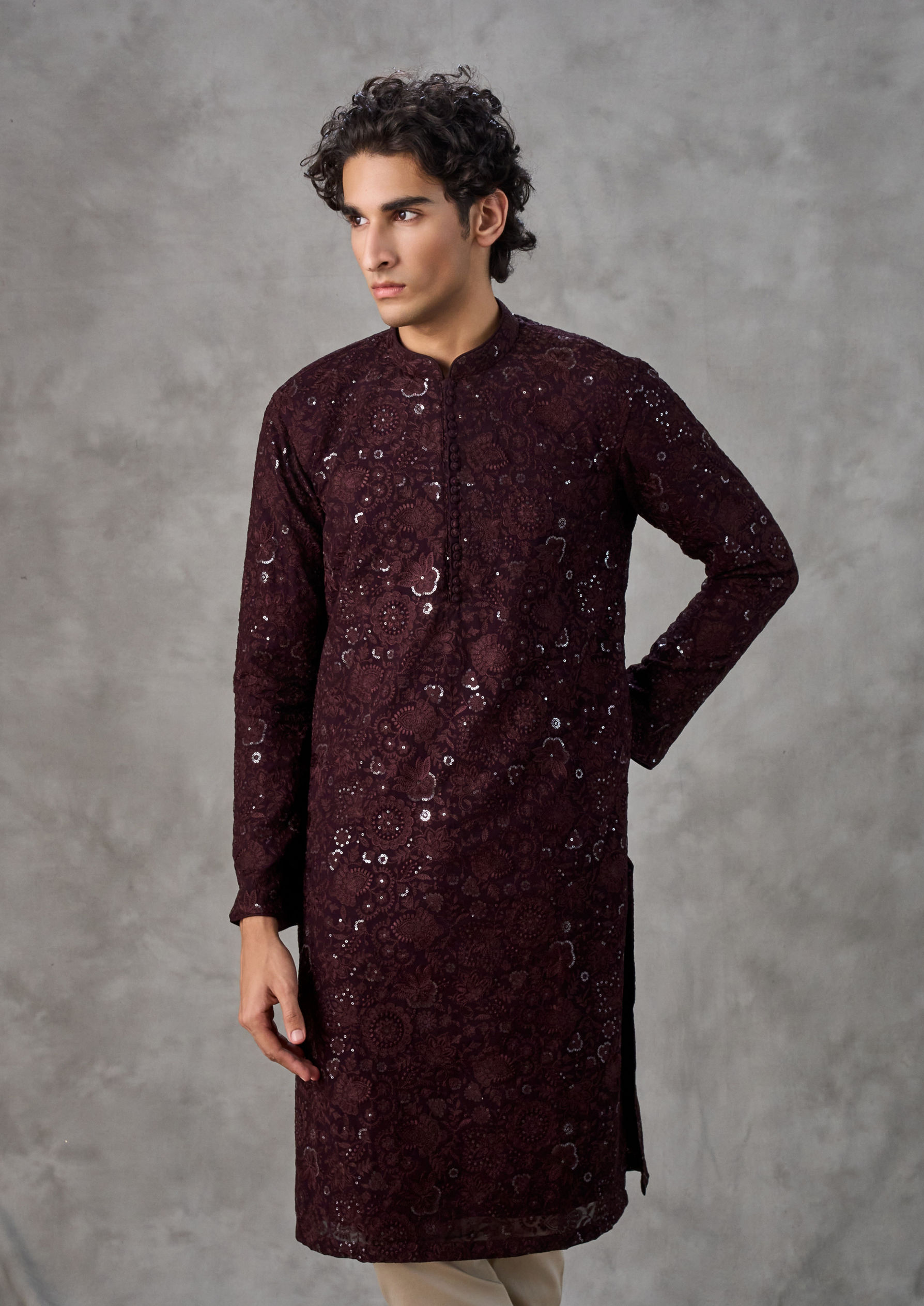 Twamev Men Wine Georgette Monochrome Resham Embroidered Kurta Set