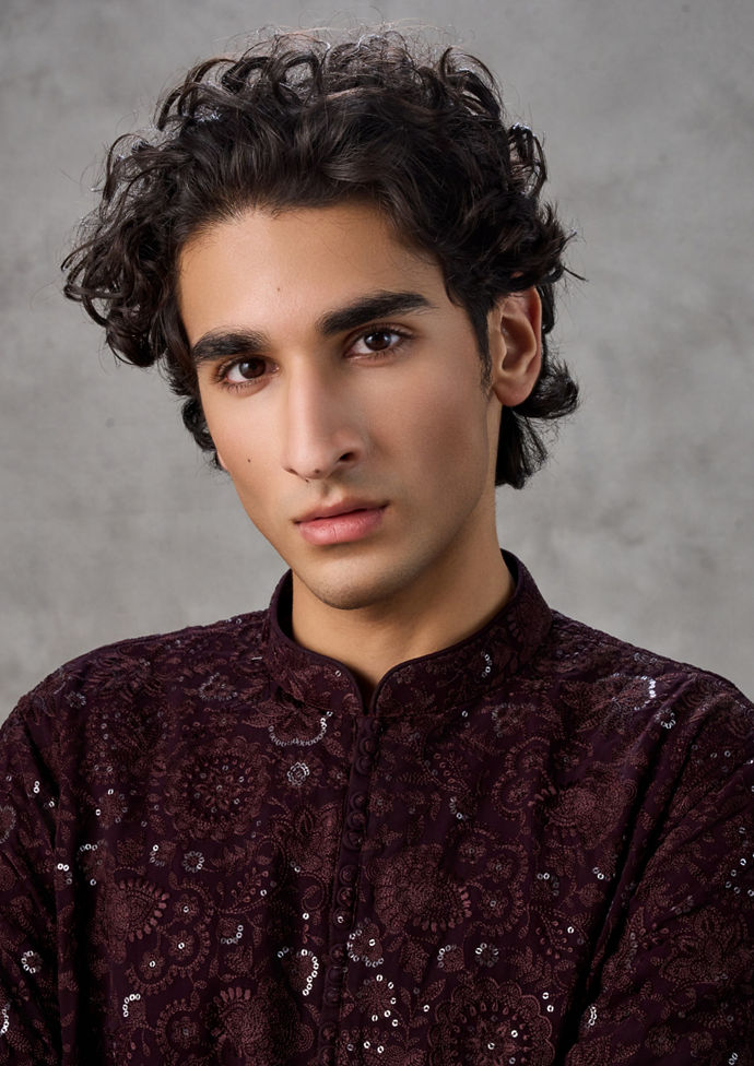 Twamev Men Wine Georgette Monochrome Resham Embroidered Kurta Set