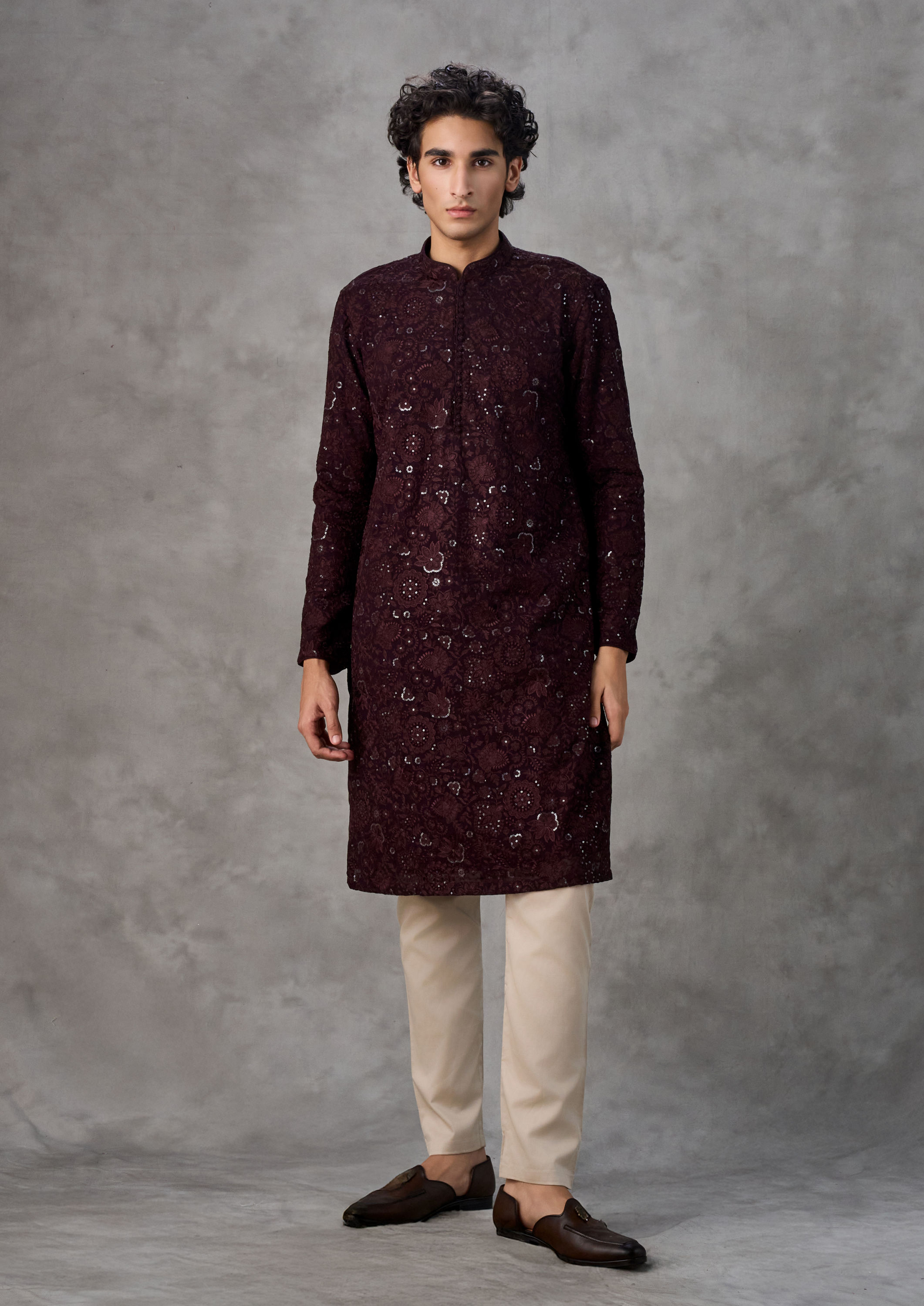 Twamev Men Wine Georgette Monochrome Resham Embroidered Kurta Set