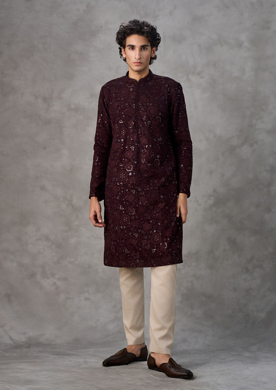 Twamev Men Wine Georgette Monochrome Resham Embroidered Kurta Set