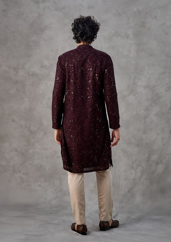 Twamev Men Wine Georgette Monochrome Resham Embroidered Kurta Set